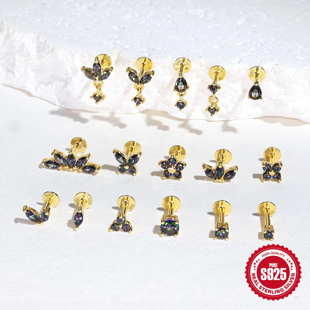 S925 sterling silver flat head thread ear stud with super shiny rainbow stone finish in a gold colour.