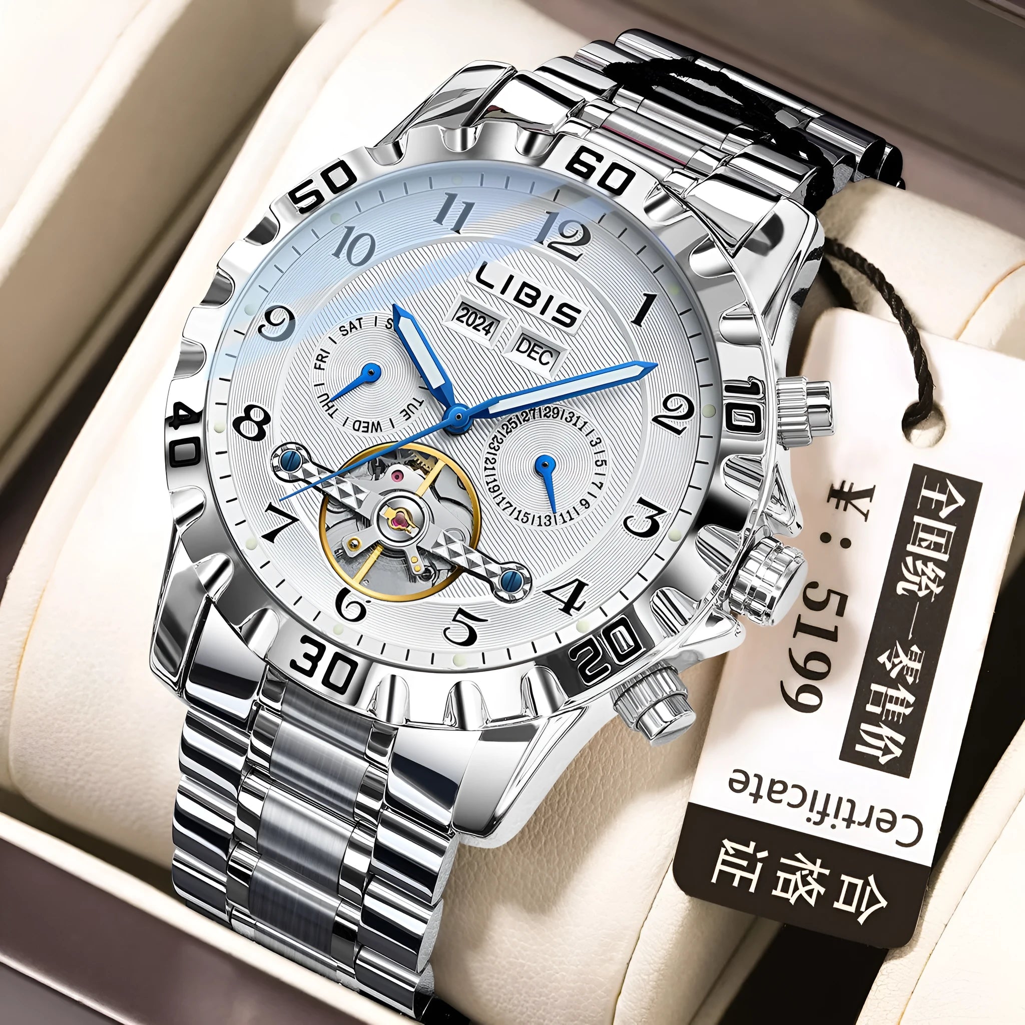 Men's silver steel automatic perpetual calendar watch with business design
