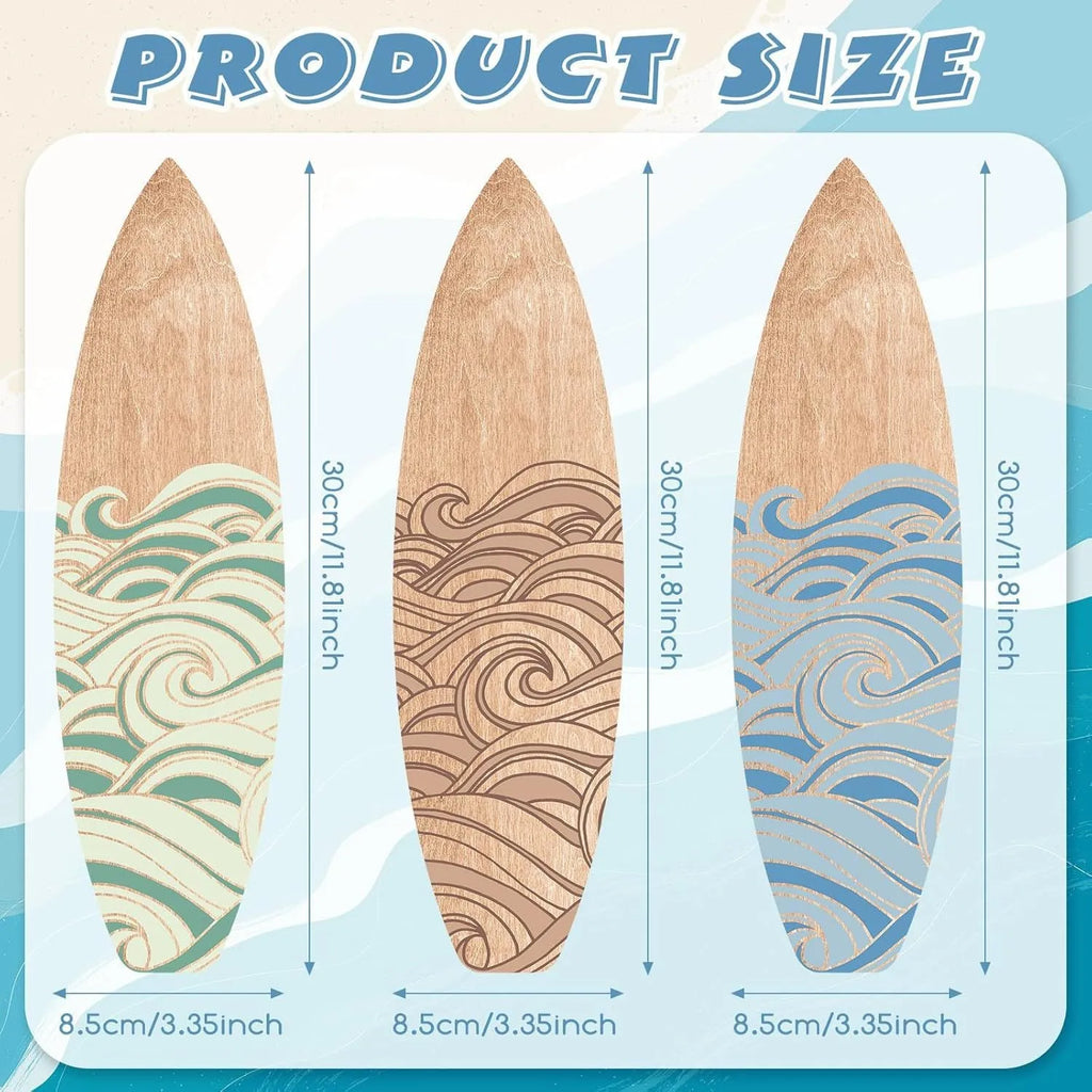 Three identical wooden surfboard wall decorations with European-style design on boxwood