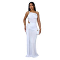 Women's solid colour long pleated one shoulder dress in green, orange, or white