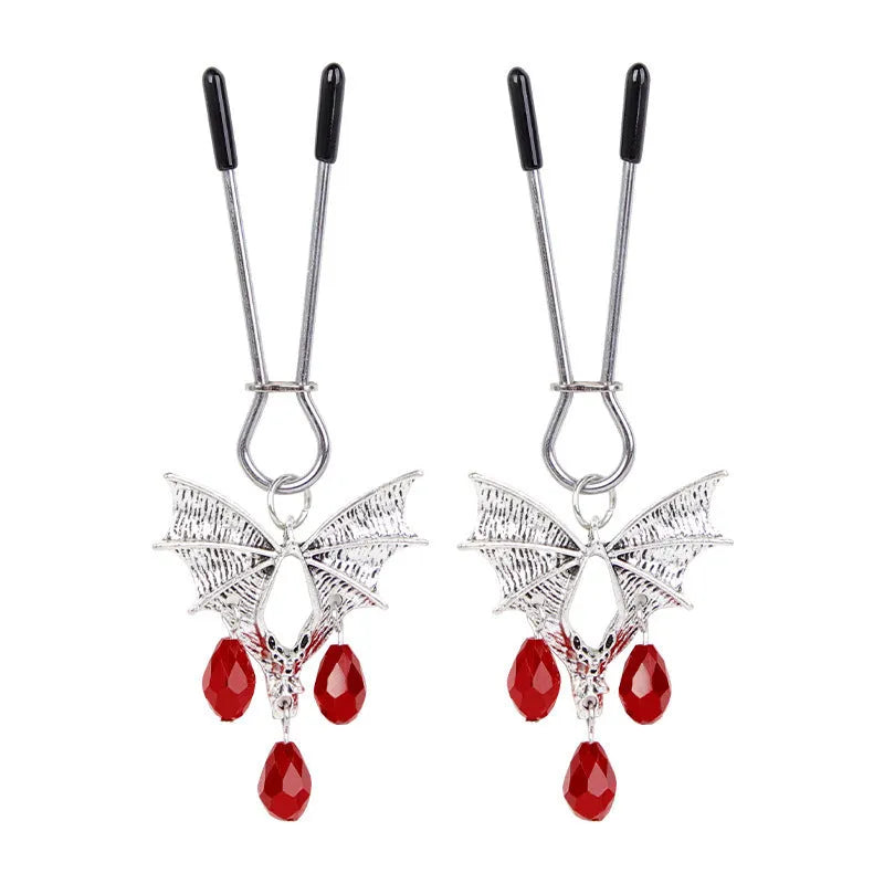 Silver alloy diamond bat nipple clamp with adjustable tension and ruby bat clip design