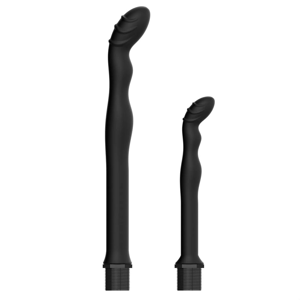 Black silicone hosepipe flusher for enema procedures, shown in large and small size options