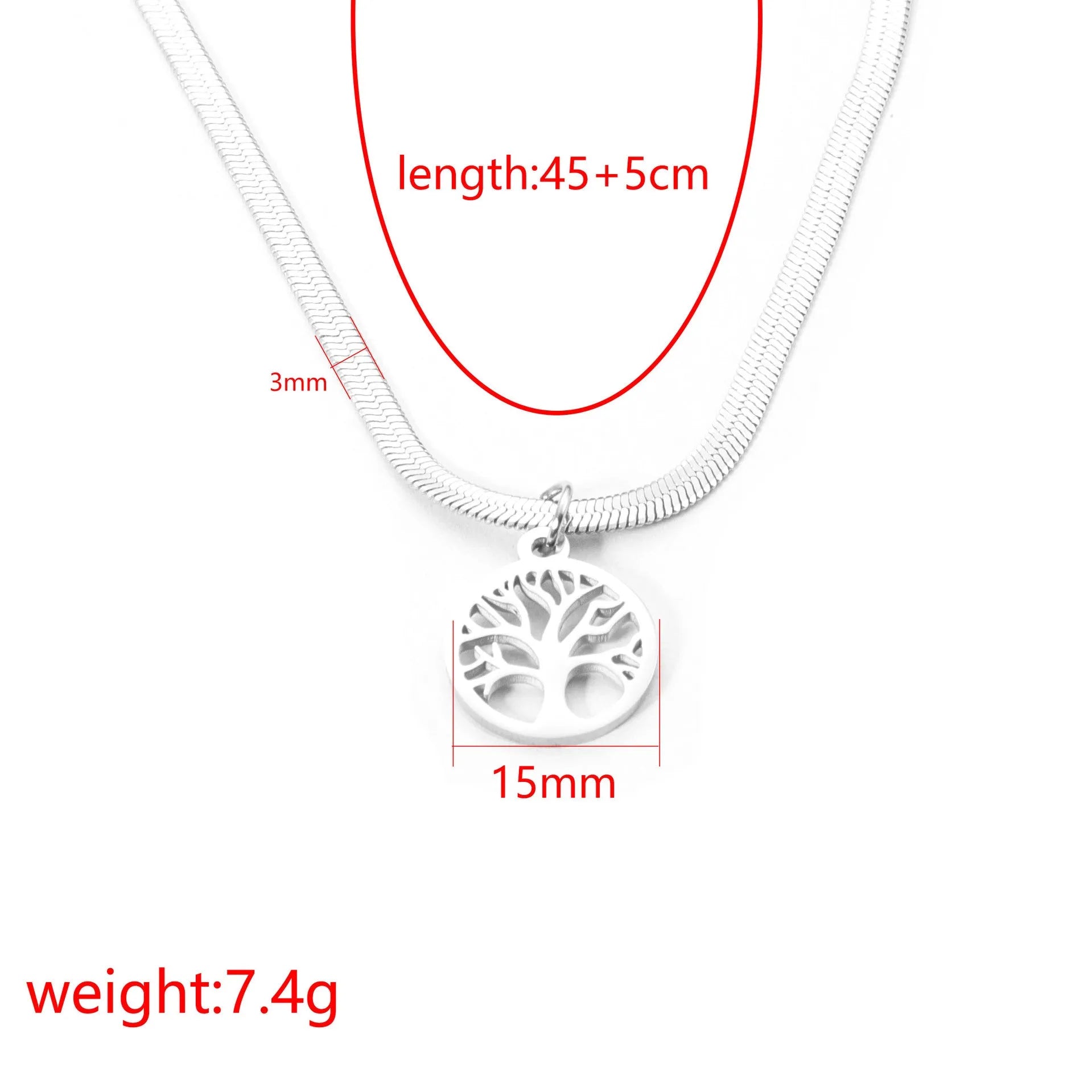 Stainless steel necklace with tree pendant on a snake bone chain in gold or steel colour.