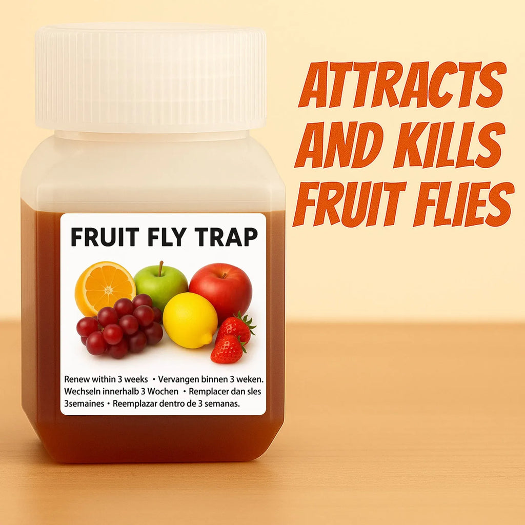 Bottle of fruit fly trapper bait liquid with specification options for trap systems.