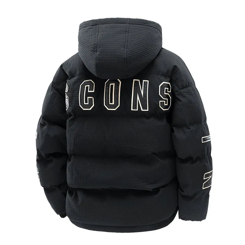 Men's black hooded winter coat with letter print on hood, showing side seam pockets and cardigan style.