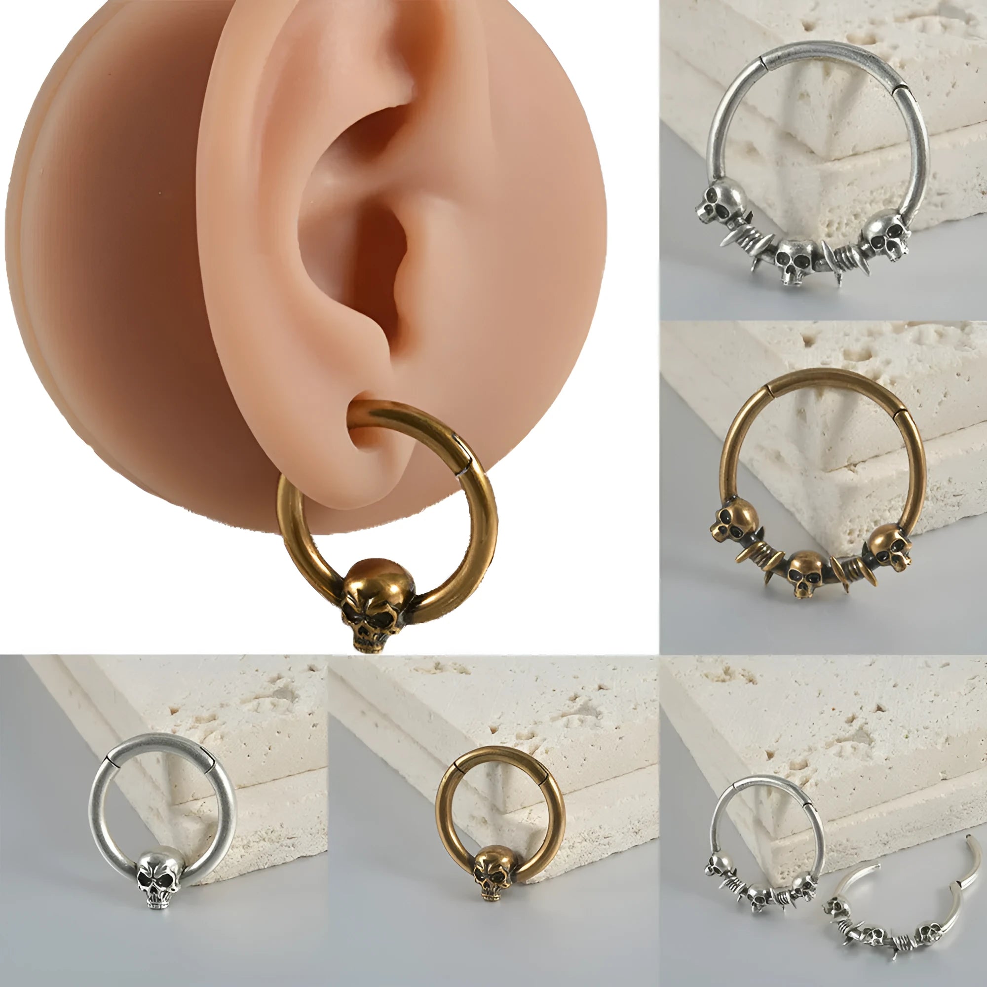Copper ghost head earrings in antique gold or silver finish, single or triple design.