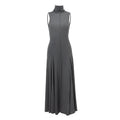 Grey slim-fit women's cotton dress with half turtleneck and backless design on a hanger.
