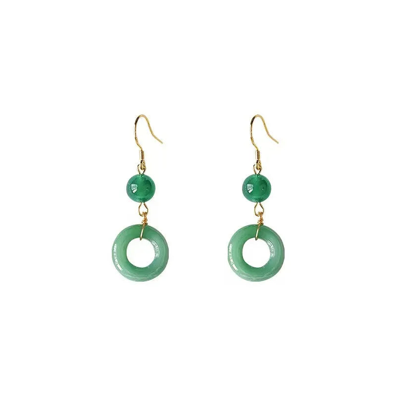 Green Chinese style peace buckle shape earrings with geometric ring design