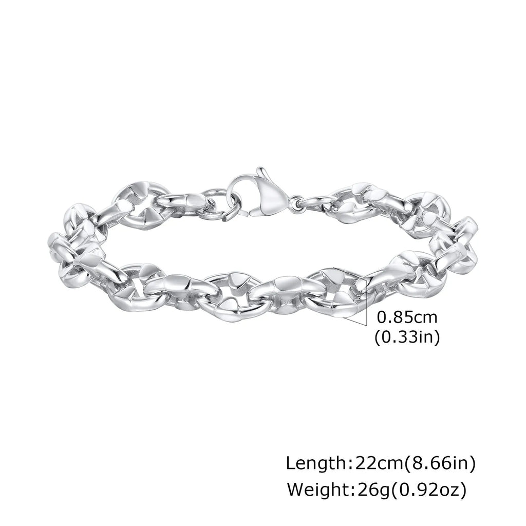 Handmade thick geometric chain link bracelet in stainless steel, shown in steel colour.