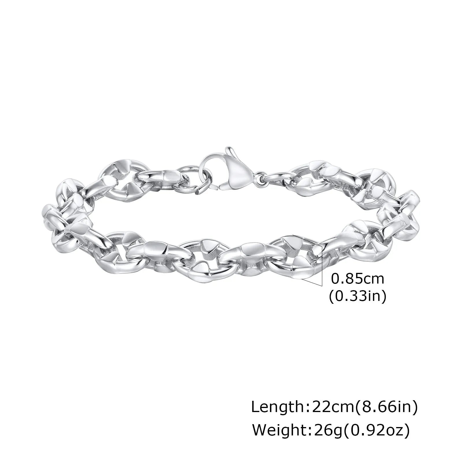 Handmade thick geometric chain link bracelet in stainless steel, shown in steel colour.