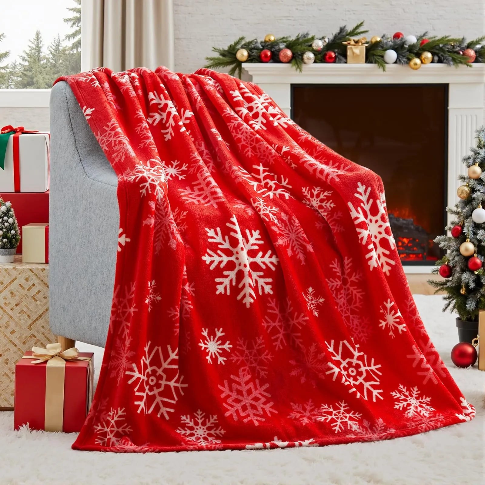 Soft flannel Christmas blanket in a solid colour, shown folded to display its plush texture and American style.