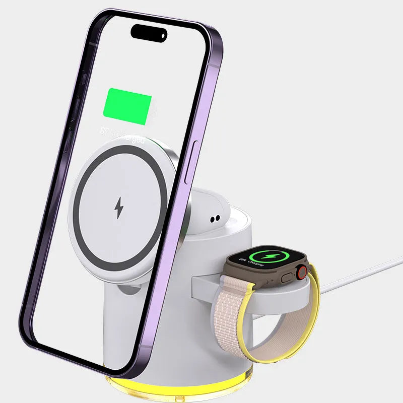 C16 magnetic folding three-in-one wireless charger showing black and ivory white colour options