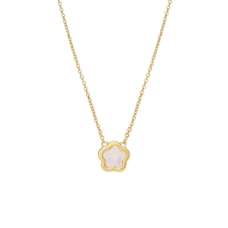 White mother shell flower necklace with floral pendant on silver or gold plated chain