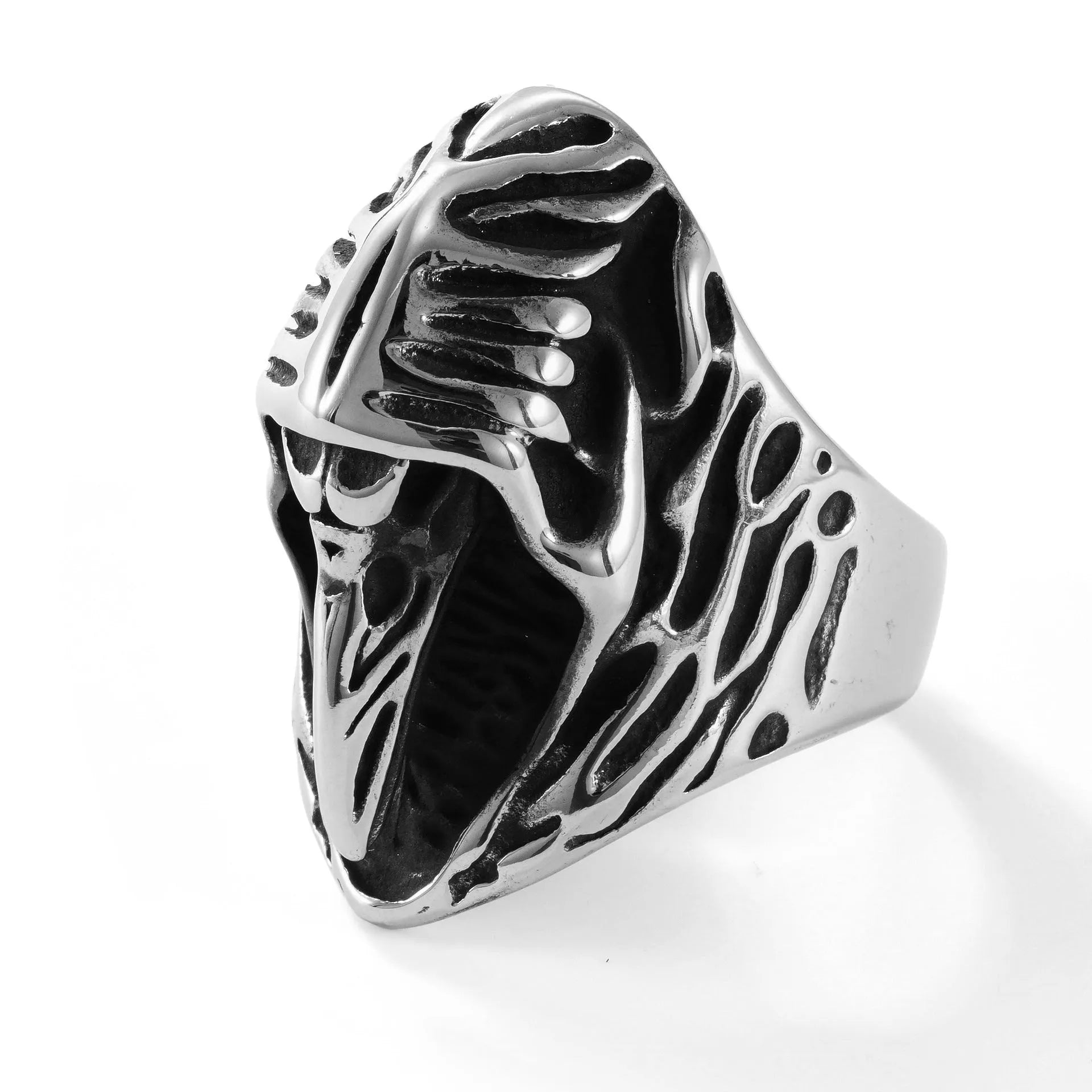 Geometric crow design punk ring in titanium steel, MR166 colour, showing retro animal motif