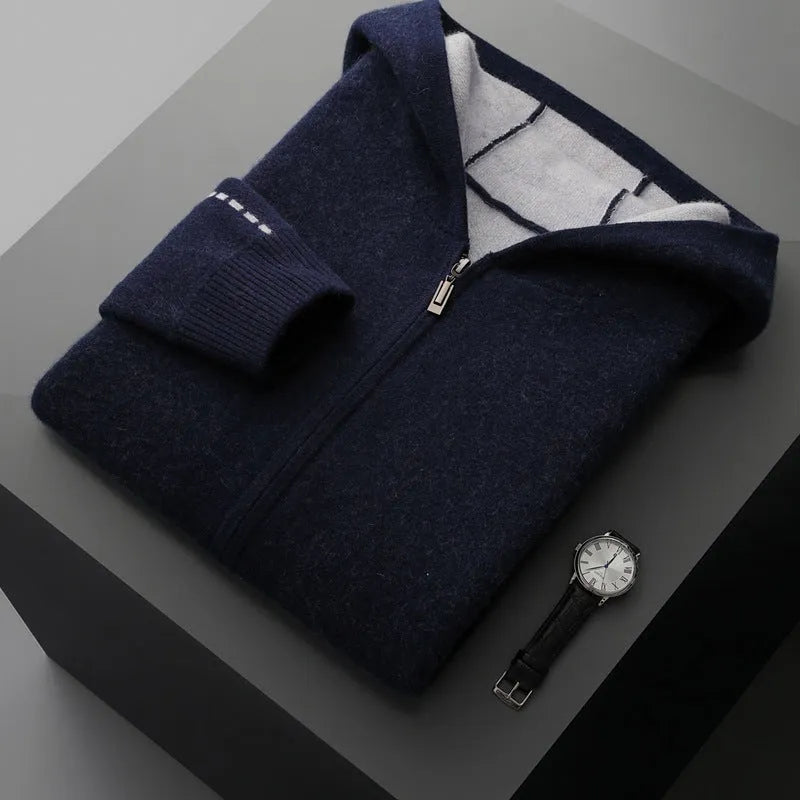 Men's dark blue cashmere cardigan with half-high collar and zip front in loose fit