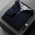 Men's dark blue cashmere cardigan with half-high collar and zip front in loose fit
