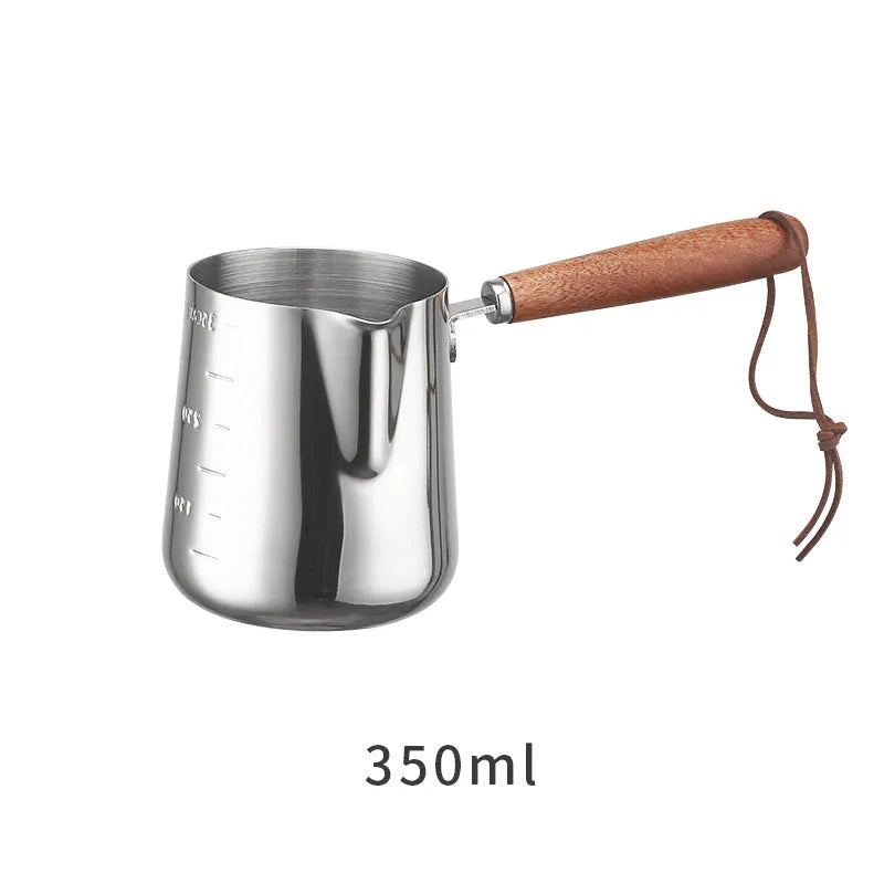 Stainless steel coffee cup with measurement scale markings and wooden handle shown in solid colour