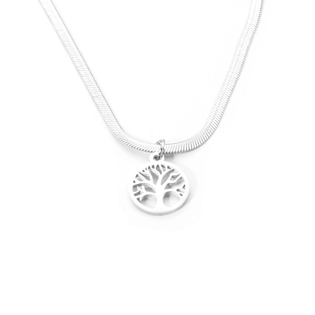 Stainless steel necklace with tree pendant on a snake bone chain in gold or steel colour.