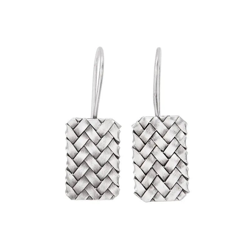 Silver geometric diamond plaid woven 925 sterling silver drop earrings for women