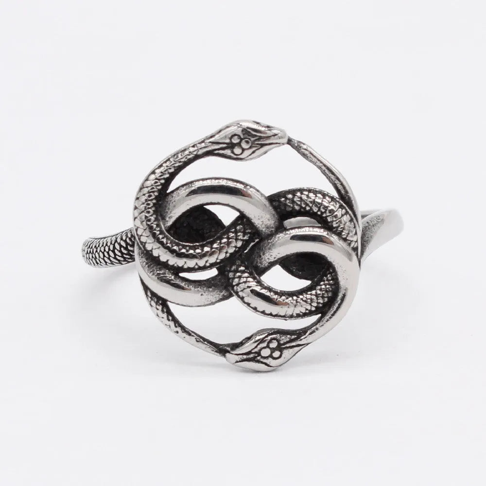 Titanium steel double snake ring in retro design with coiled serpent motif