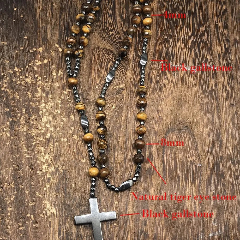 Men's stone geometric cross pendant necklace with bead chain and safety lock