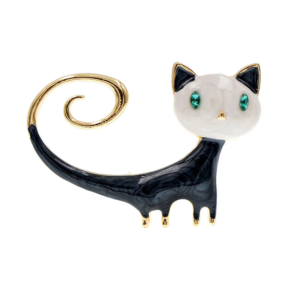 Personalised painted tail up kitty brooch in alloy metal with white or orange colour options