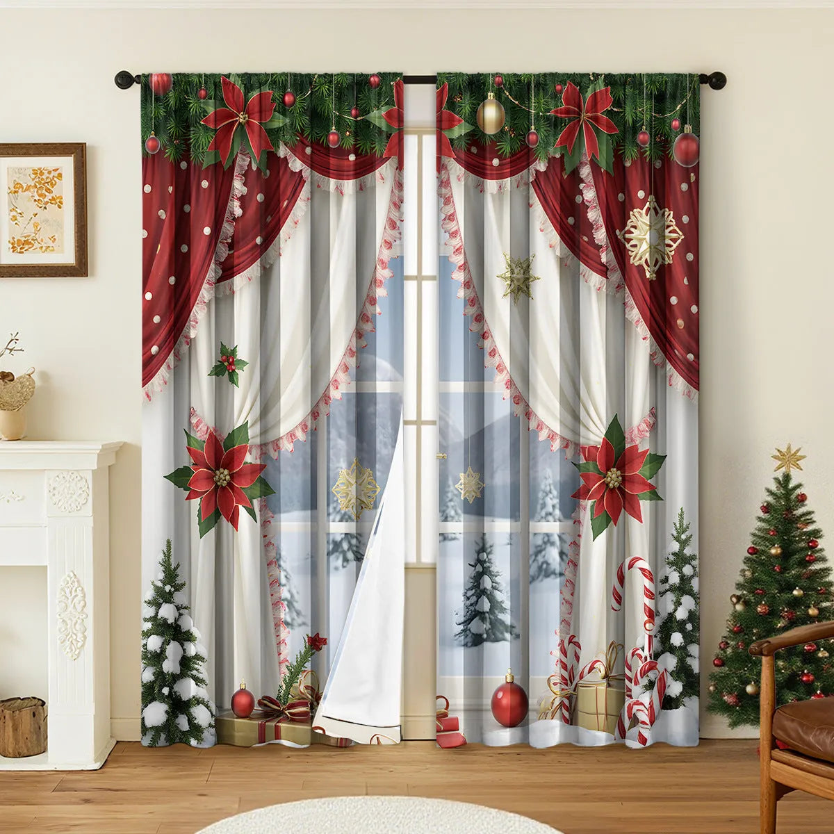 Pair of 3D digitally printed Christmas pattern blackout curtains hanging on a window.