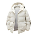 Men's black hooded winter coat with letter print on hood, showing side seam pockets and cardigan style.