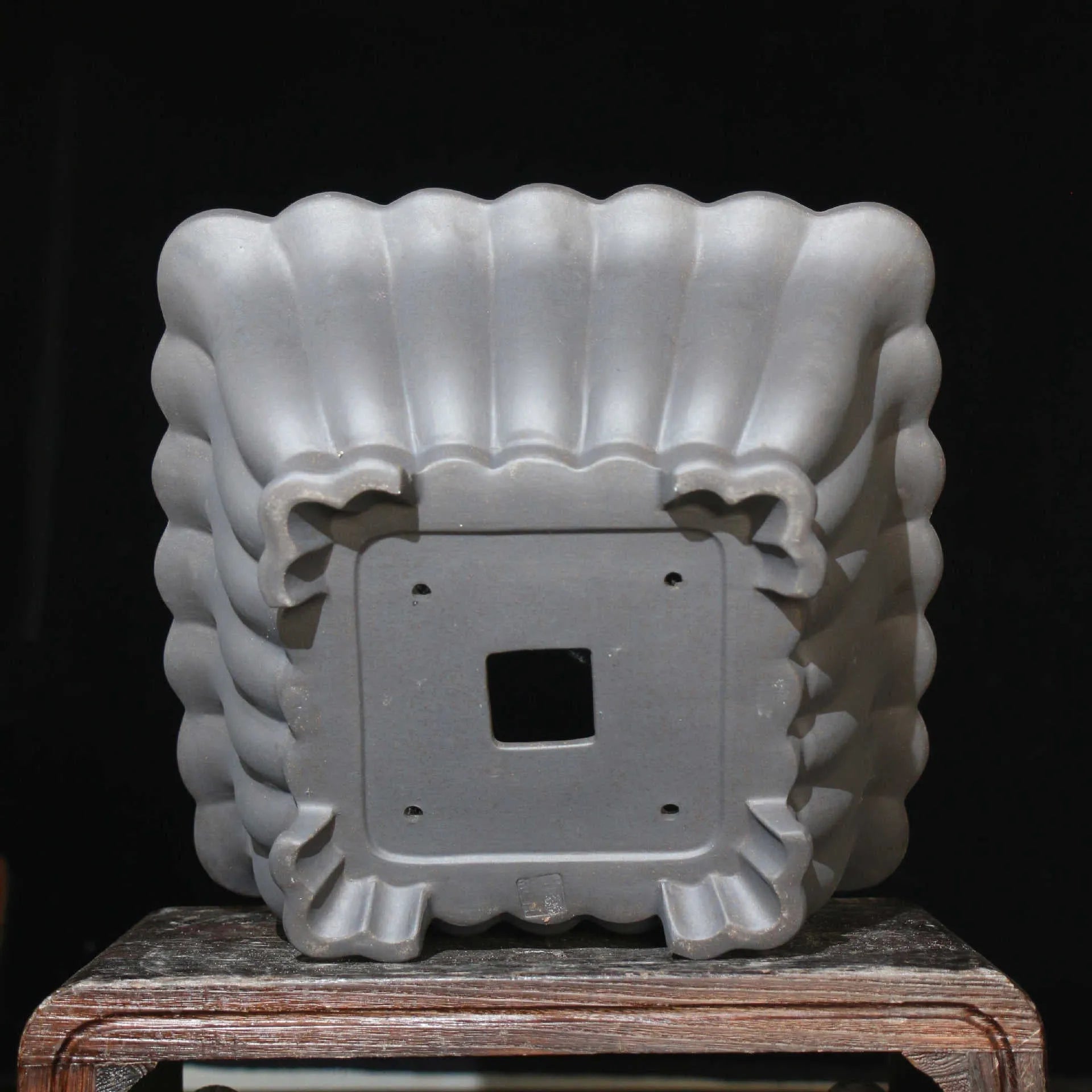Square purple sand ceramic bonsai pot for desktop use, showing classical style.