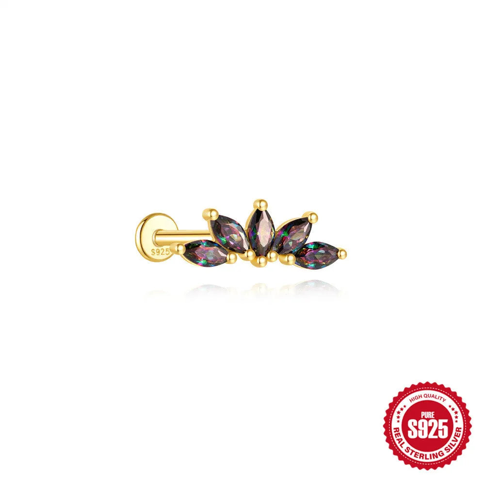 S925 sterling silver flat head thread ear stud with super shiny rainbow stone finish in a gold colour.