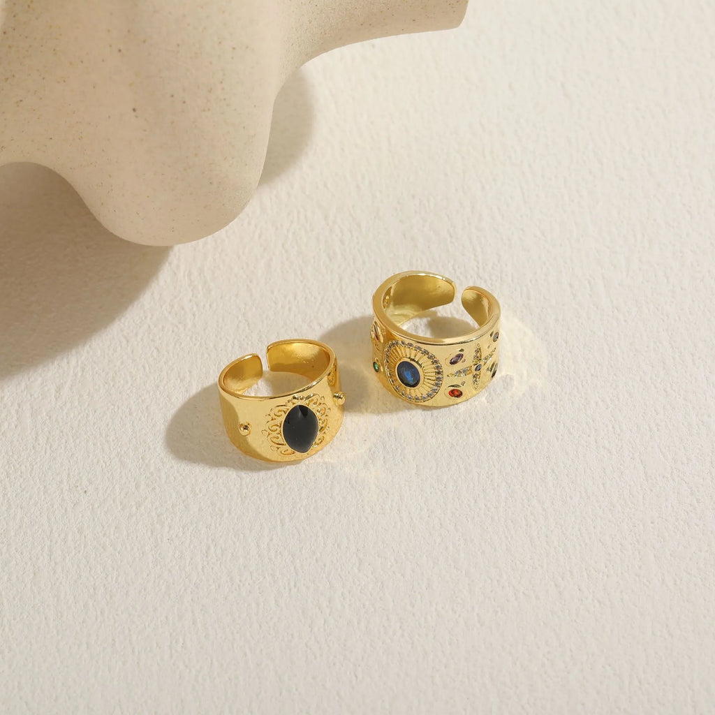 Chinese-style vintage ring with geometric shape and horse eye black electroplated finish