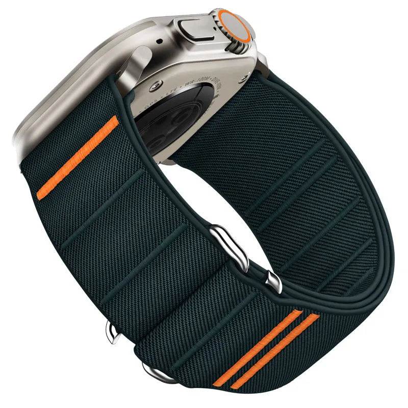 Elastic nylon Apple Watch compatible band with stainless steel buckle shown in multiple colour options