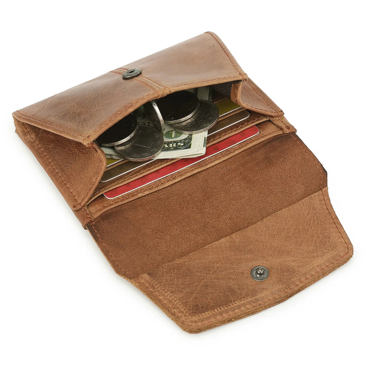 Genuine cowhide coin purse with stitching detail and anti-theft RFID protection