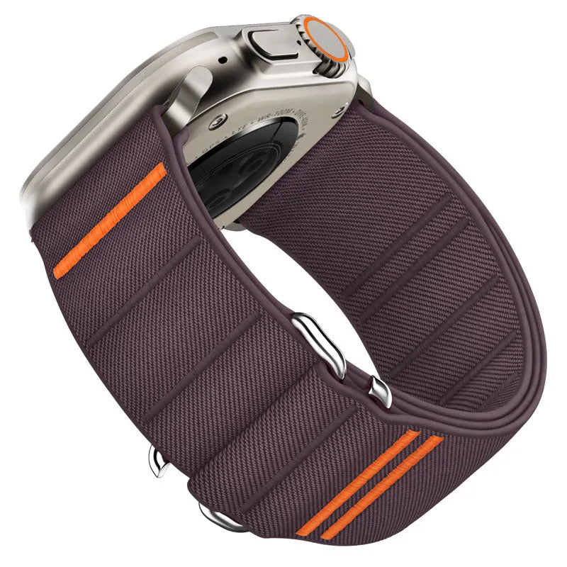 Elastic nylon Apple Watch compatible band with stainless steel buckle shown in multiple colour options