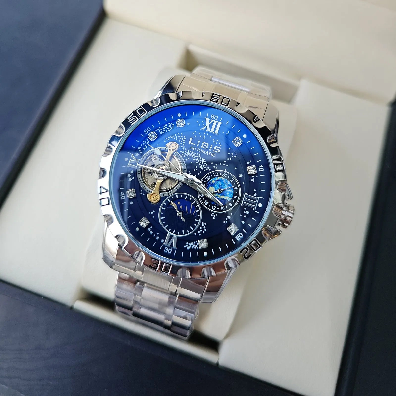 Men's silver case automatic mechanical watch with black starry dial and genuine leather strap