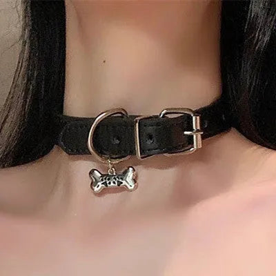 Black leather choker collar with adjustable 21-50cm perimeter in three design variations
