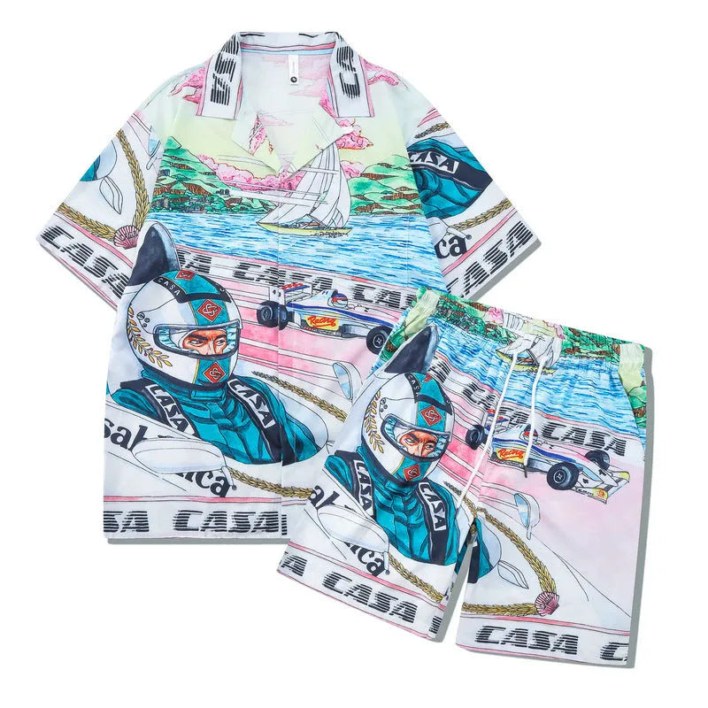 Men's and women's plaid print beach shirt and trouser casual outfit set on a hanger.