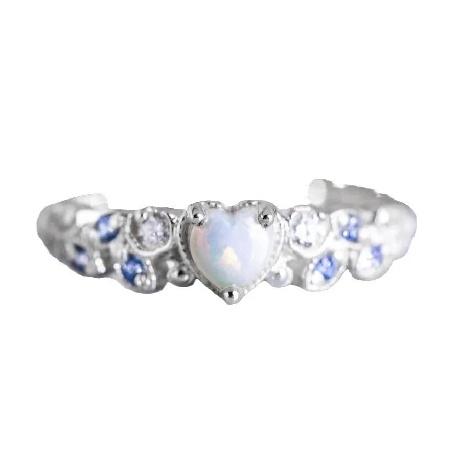 White heart-shaped alloy ring for women, shown in size selection from 5 to 11.