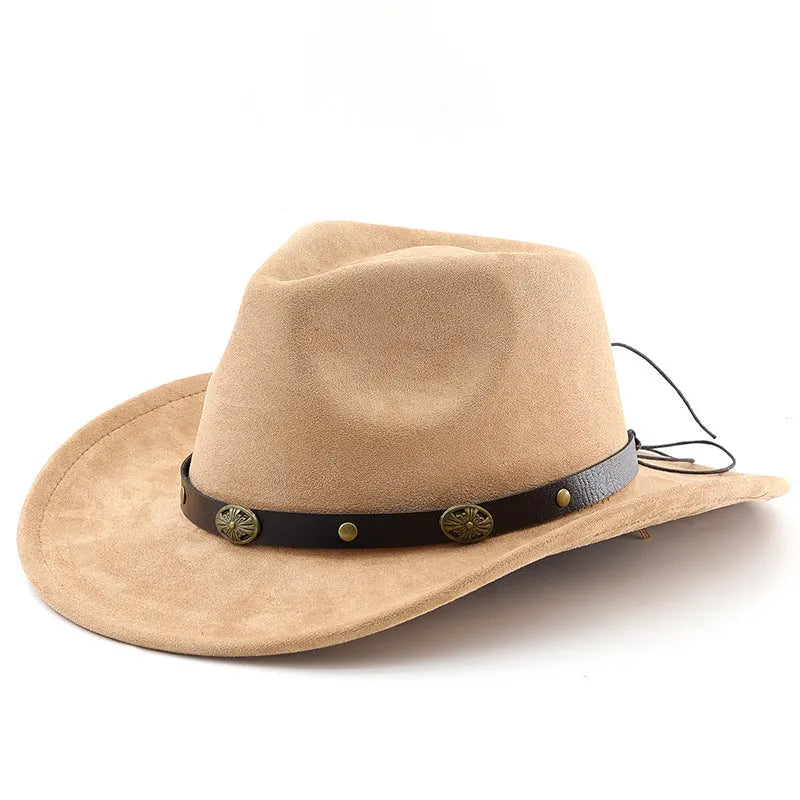 Brown leather velvet curved-edge western cowboy hat with a conical crown on a plain background.