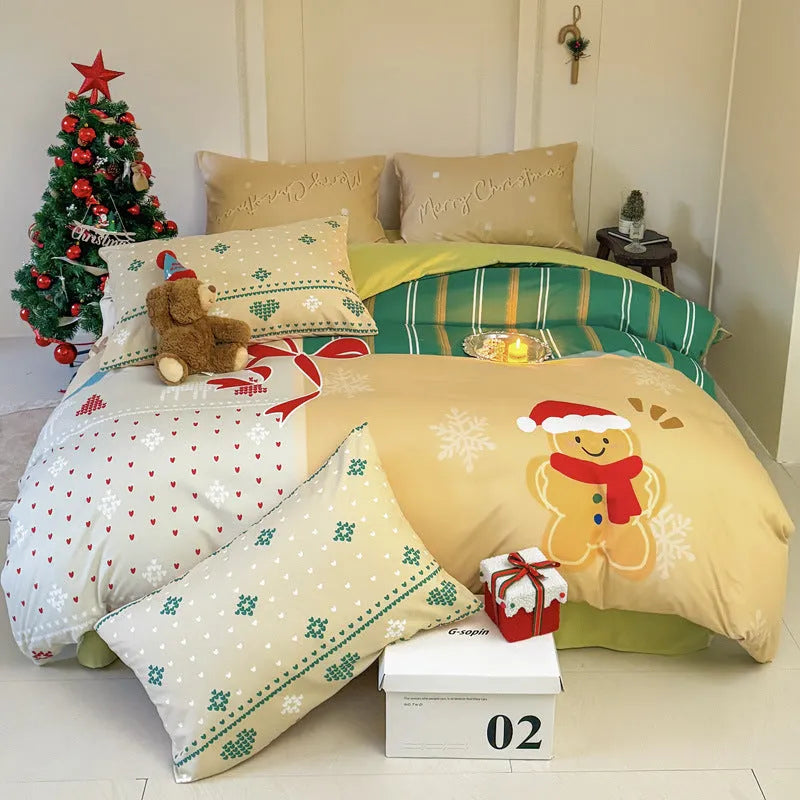 Christmas cartoon printed bedding set with sheet, quilt cover, and pillowcases in super soft washed cotton