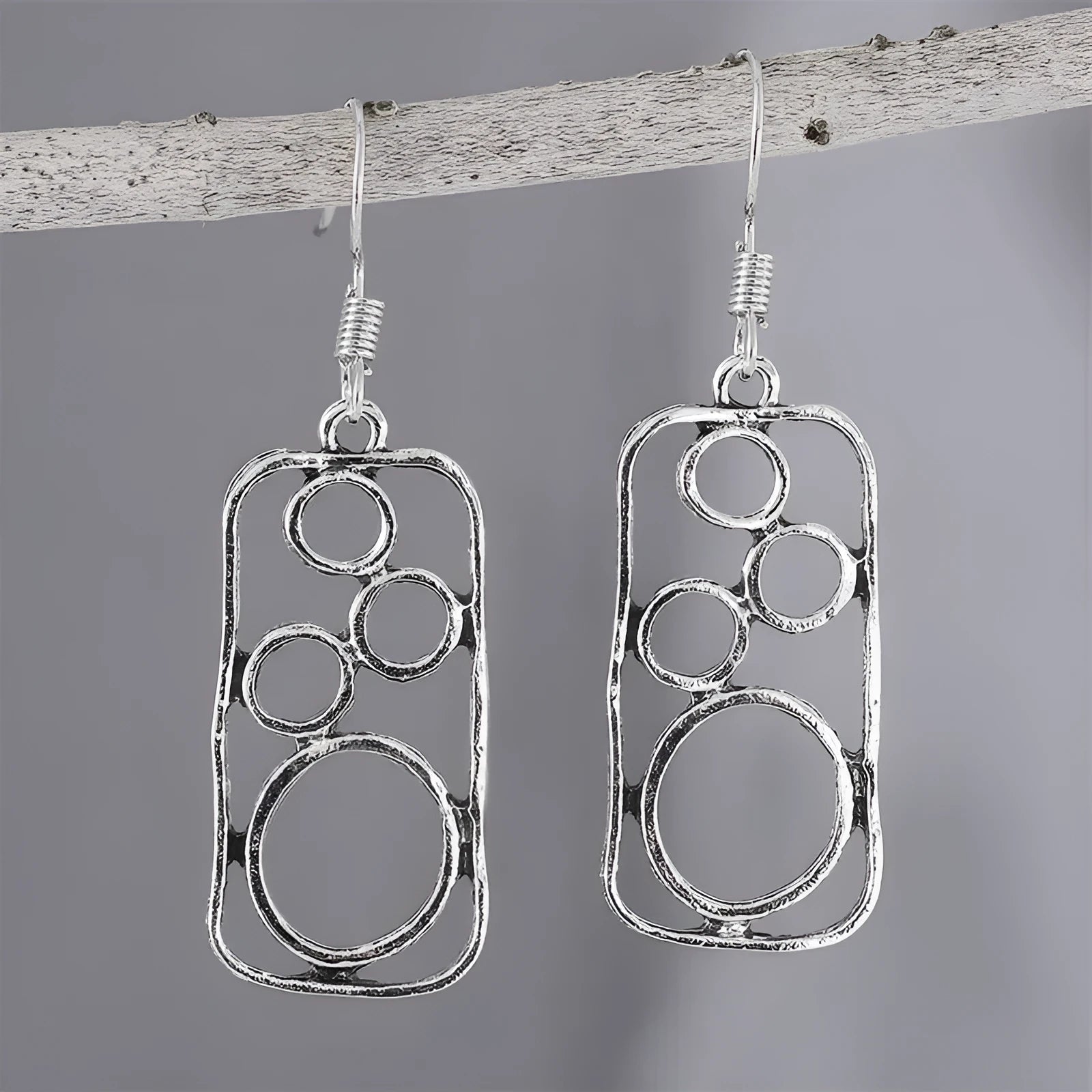 Geometric irregular square round ring earrings in antique silver zinc alloy