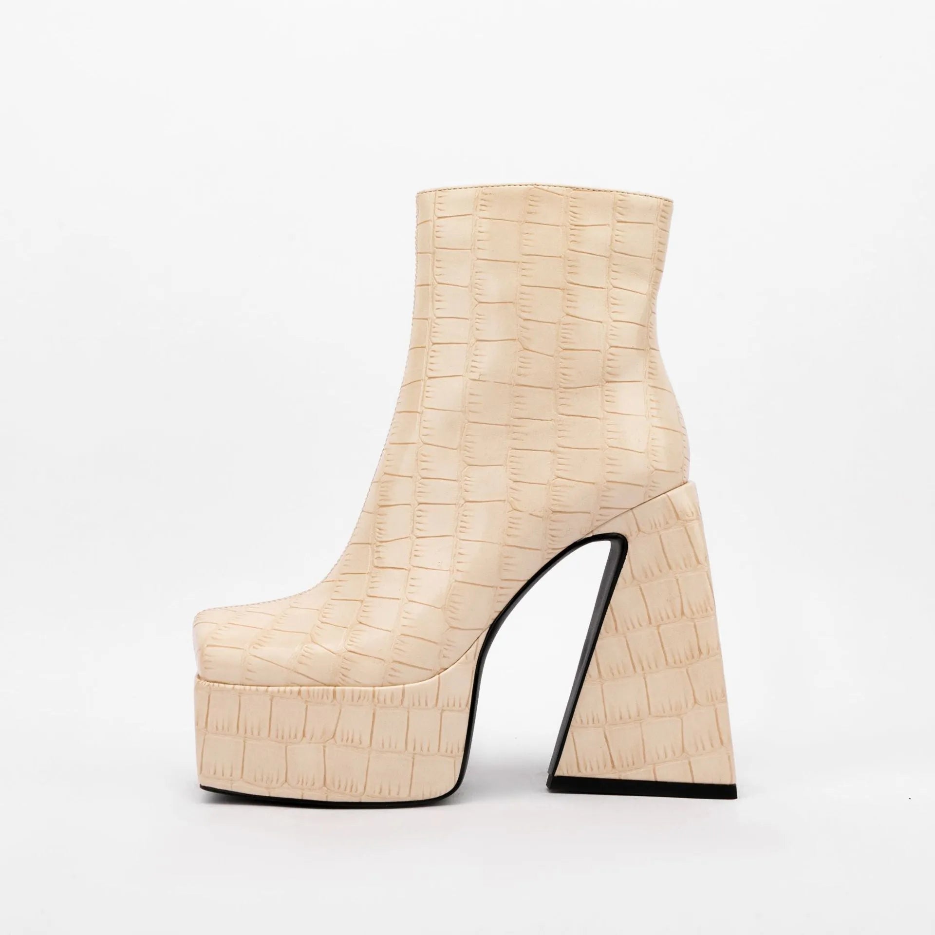 Women's artificial PU ankle boot with a super high heel in solid beige colour