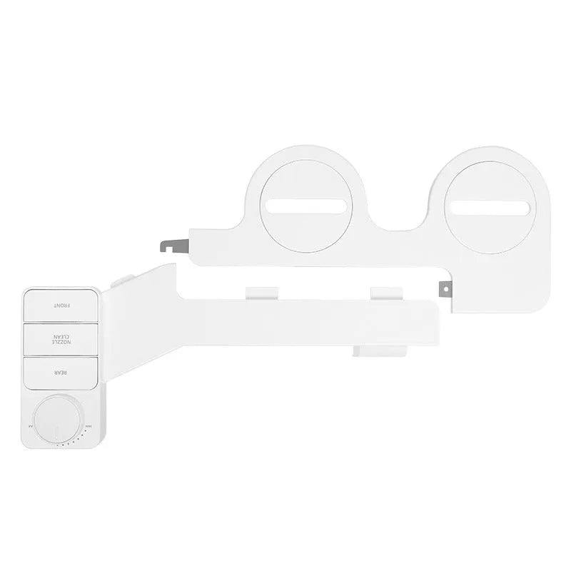 Button-operated manual drain cleaning tool with removable nozzle in pure white, compatible with international pipe standards