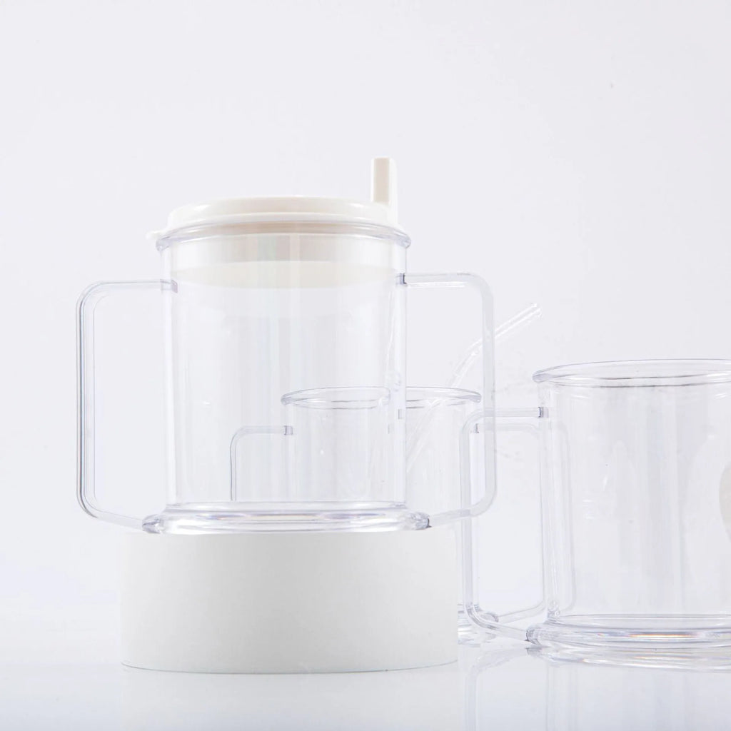 Transparent plastic drinking cup with spill-proof lid showing 14cm height and 12cm diameter dimensions