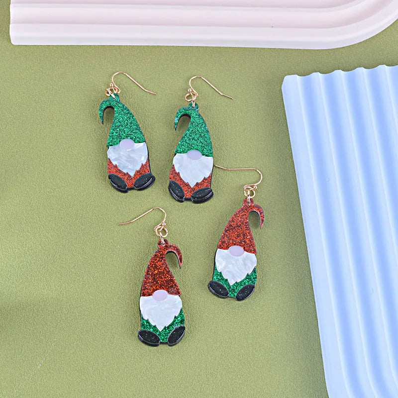 Santa Claus cartoon character acrylic fashion earrings showing red, green, and red/green hat colour options