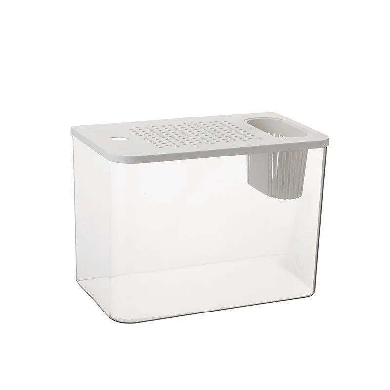 Medium plastic betta fish tank with cover in black and white colour options showing dimensions