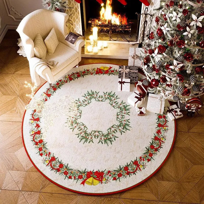 Round red Christmas carpet with festive patterns and non-slip backing for living room floor decoration