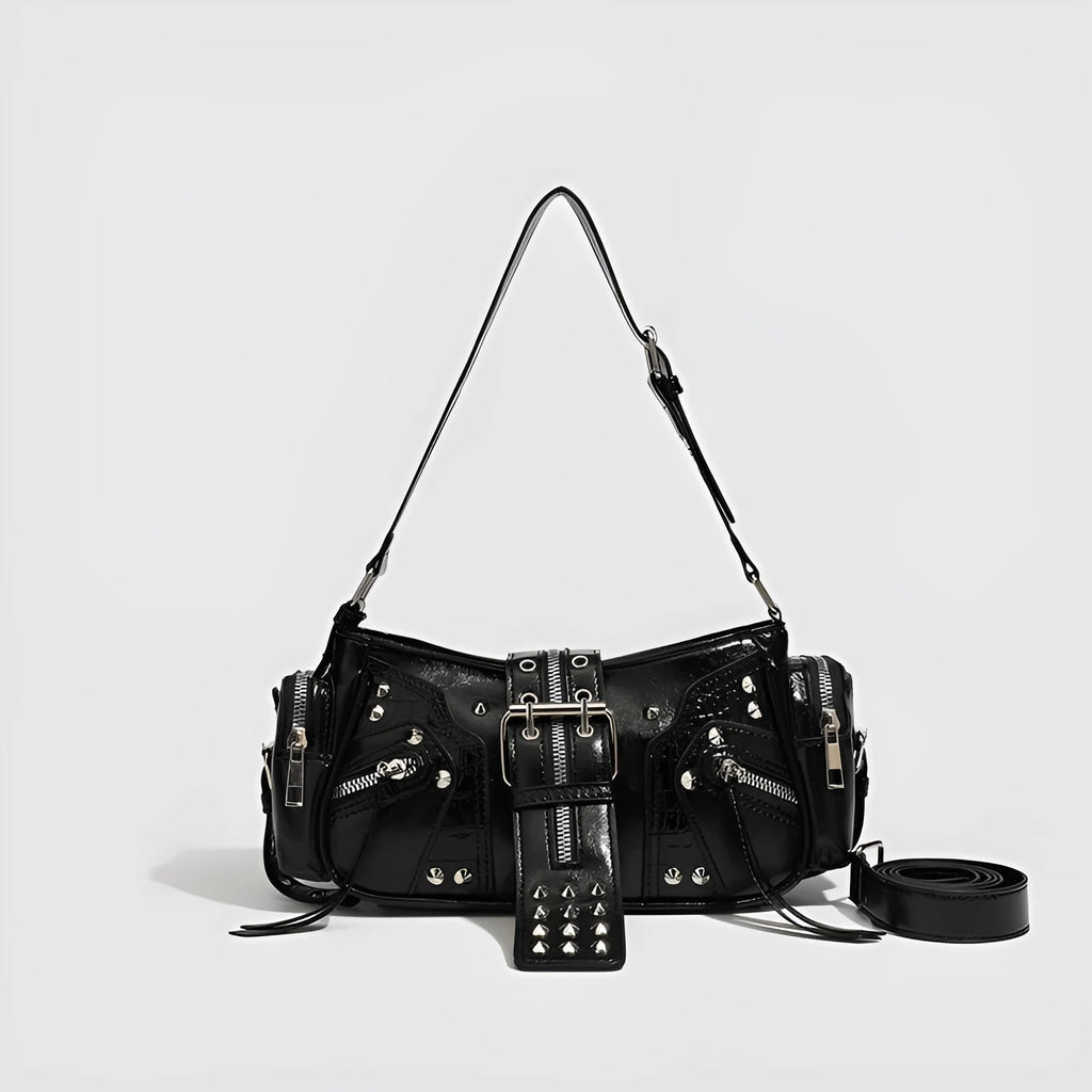 Black dumpling-shaped retro handbag with oil wax PU leather and organised interior compartments