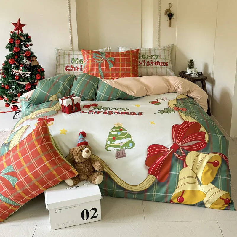 Christmas cartoon printed bedding set with sheet, quilt cover, and pillowcases in super soft washed cotton