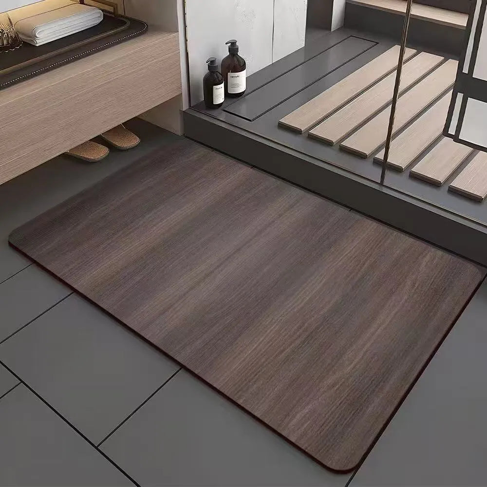 Square diatomite bathroom floor mat with wood grain pattern on bathroom tiles
